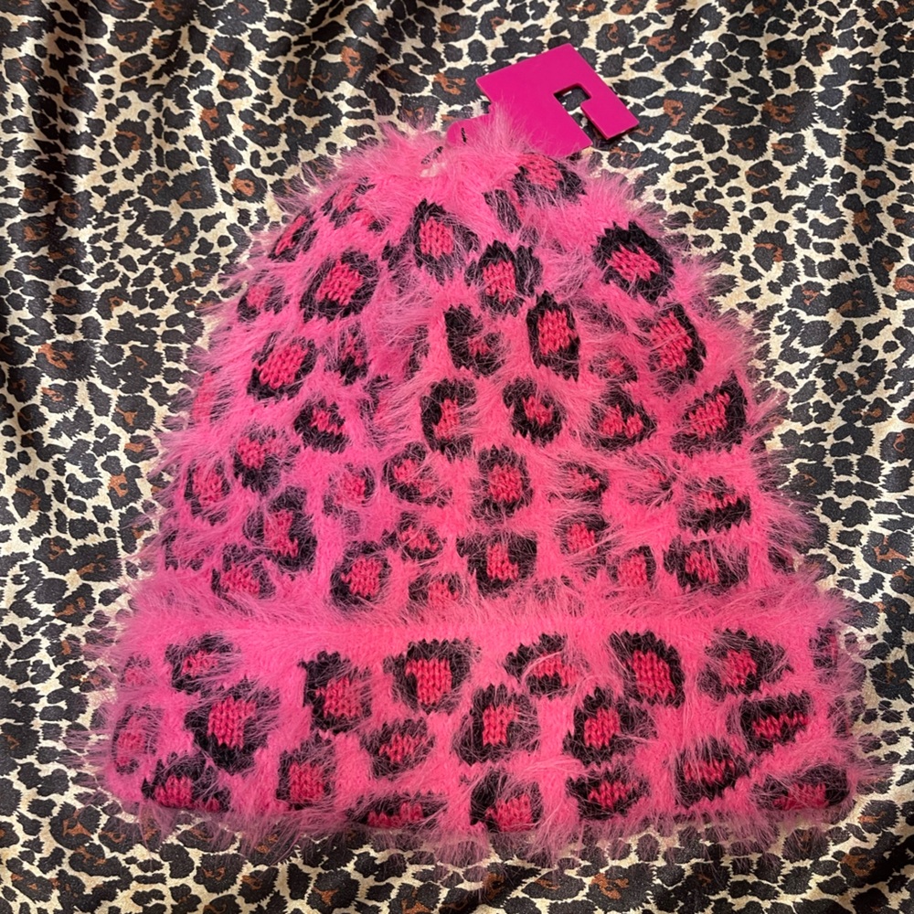 Fuzzy Pink and Black Cheetah Print Beanie - Picture 2 of 6